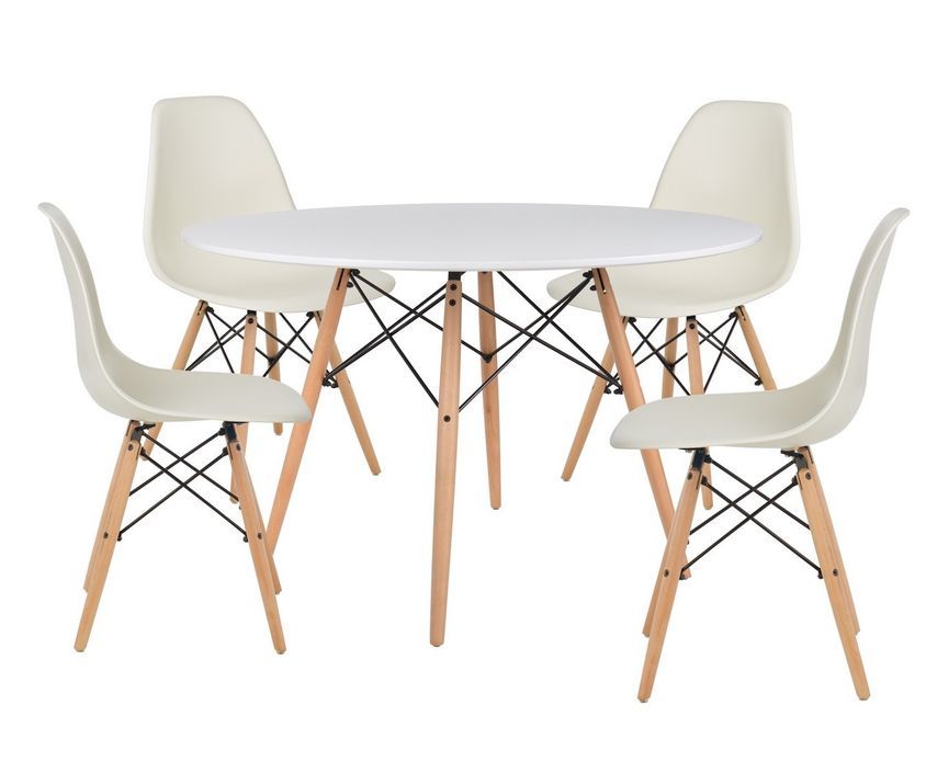 Table ronde scandinave 120 cm et 4 chaises crème et naturel Verda - Photo n°1