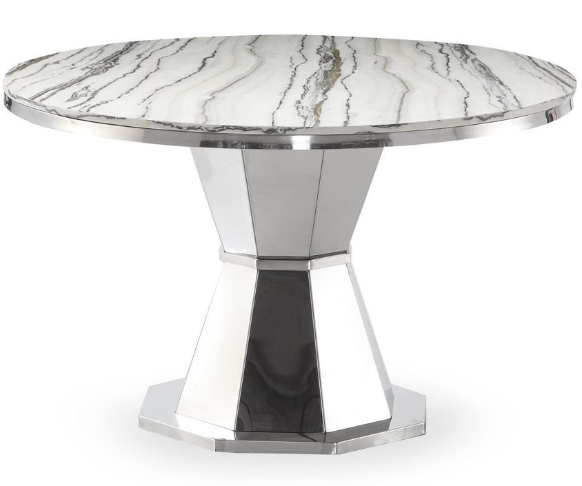 Table ronde verre effet marbre et pied métal argenté Vannie 120 cm - Photo n°1