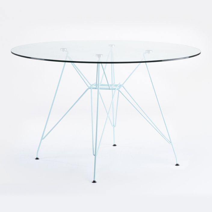 Table ronde verre trempé et pieds acier bleu pastel mate Croizy 120 cm - Photo n°1