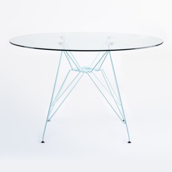 Table ronde verre trempé et pieds acier bleu pastel mate Croizy 120 cm - Photo n°2