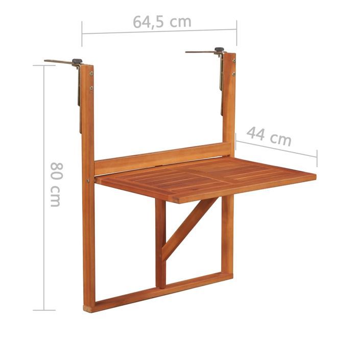 Table suspendue de balcon 64,5x44x80 cm Bois d'acacia massif - Photo n°6