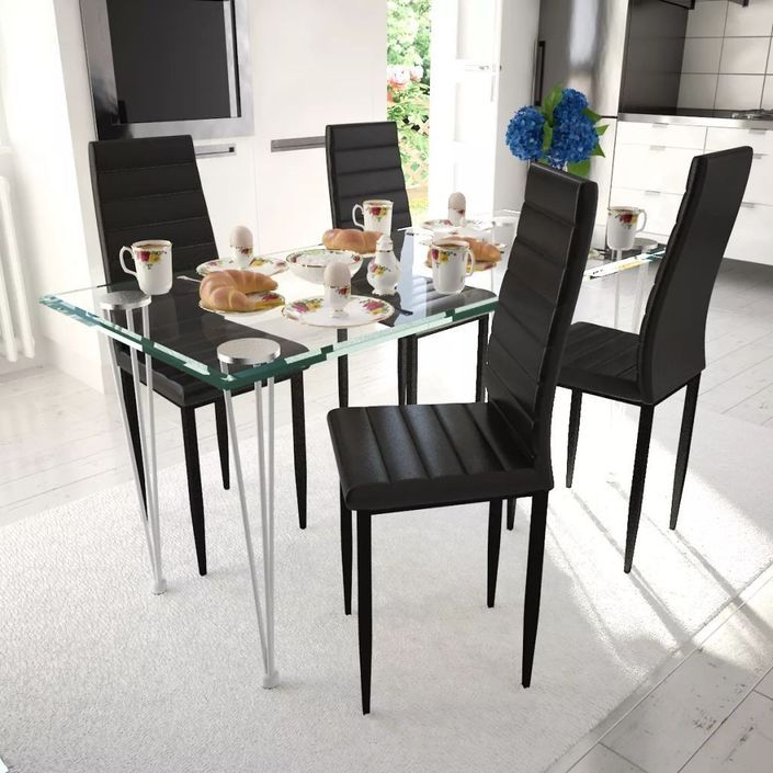 Table verre trempé et 4 chaises simili noir Blubo - Photo n°6