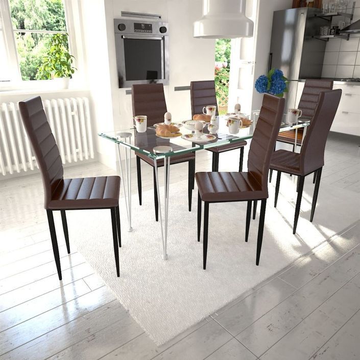 Table verre trempé et 6 chaises simili marron Blubo - Photo n°7