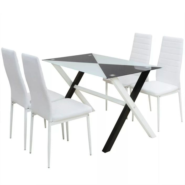 Table verre trempé noir et blanc et 4 chaises simili blanc Dami - Photo n°1