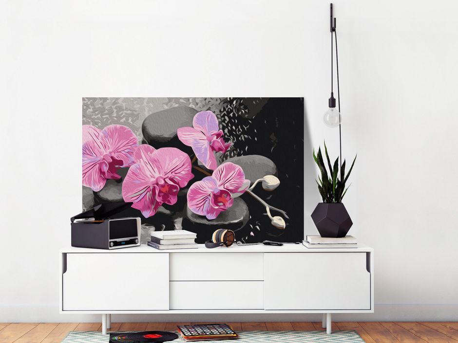 Tableau à peindre par soi-même Orchidée et pierres zen (fond noir) - Photo n°2