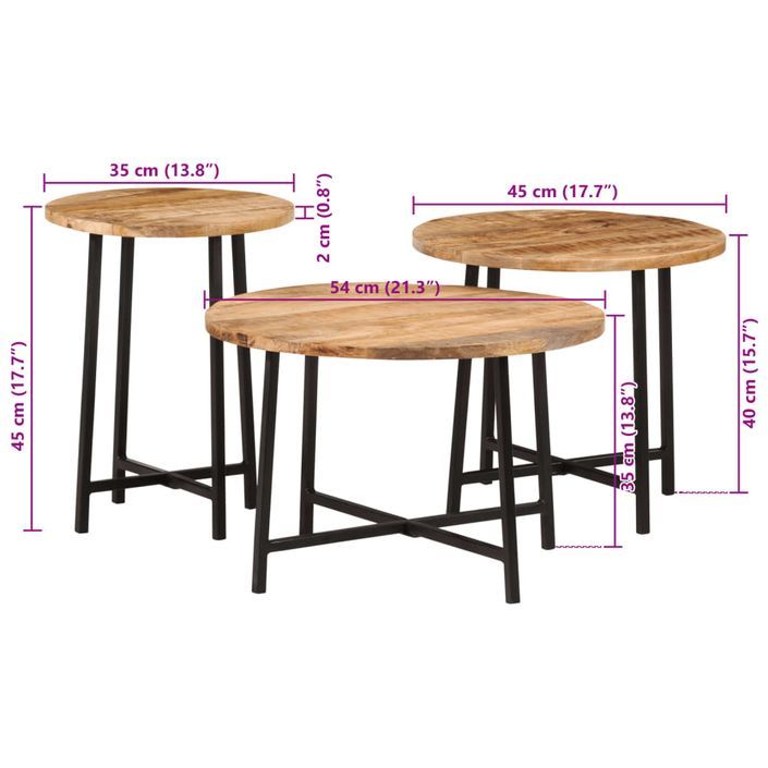 Tables basses gigognes 3 pcs bois massif de manguier et fer - Photo n°8