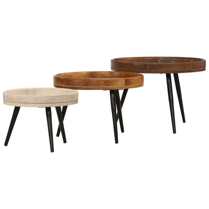 Tables basses rondes 3 pcs bois de manguier massif - Photo n°3