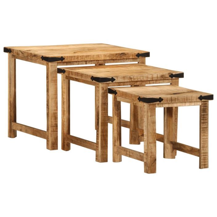 Tables d'appoint gigognes 3 pcs bois de manguier massif brut - Photo n°3