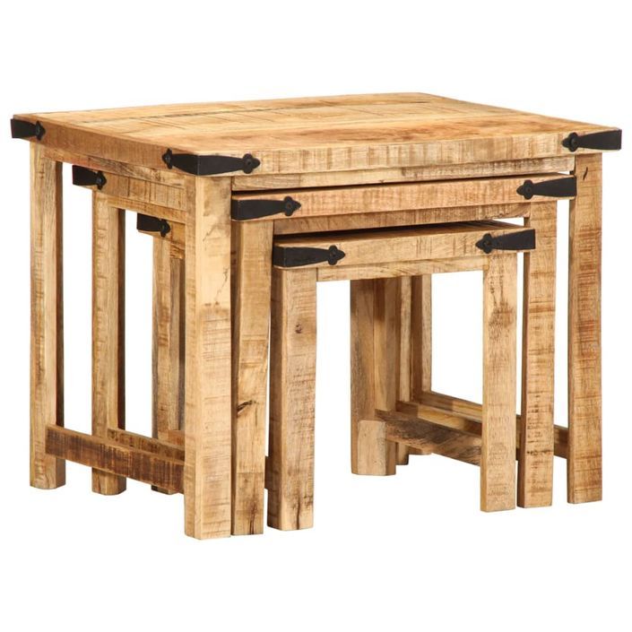 Tables d'appoint gigognes 3 pcs bois de manguier massif brut - Photo n°5