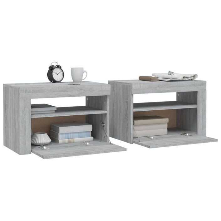 Tables de chevet 2 pcs avec LED sonoma gris 60x35x40 cm - Photo n°7