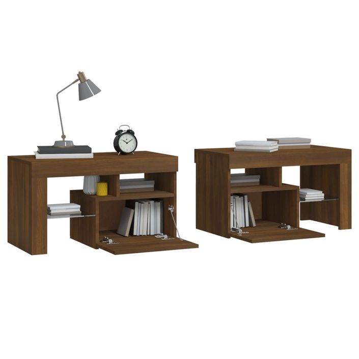 Tables de chevet 2 pcs et lumières LED Chêne brun 70x36,5x40 cm - Photo n°7