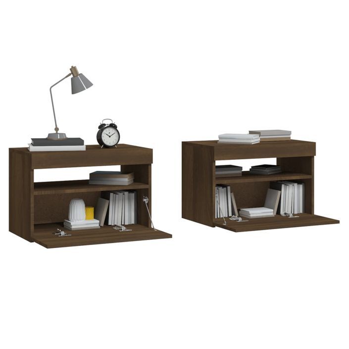 Tables de chevet 2 pcs et lumières LED Chêne marron 60x35x40 cm - Photo n°7