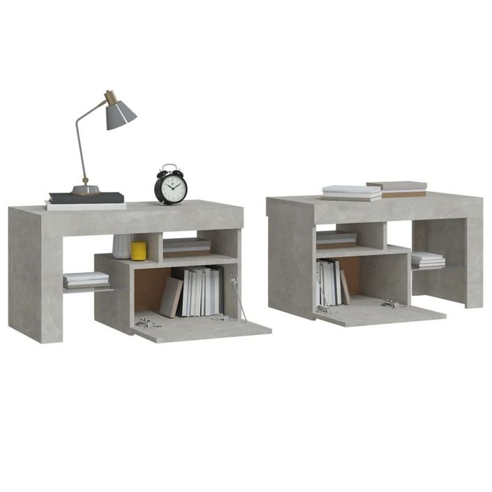 Tables de chevet 2 pcs et lumières LED Gris béton 70x36,5x40 cm - Photo n°7