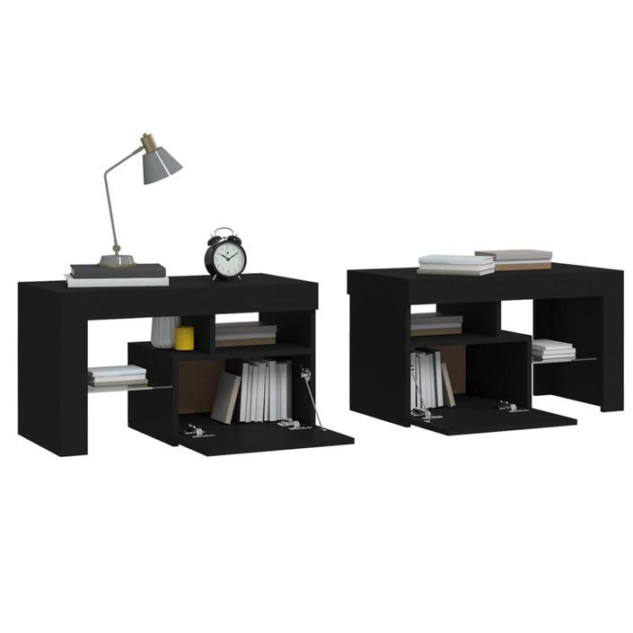 Tables de chevet 2 pcs et lumières LED Noir 70x36,5x40 cm - Photo n°7