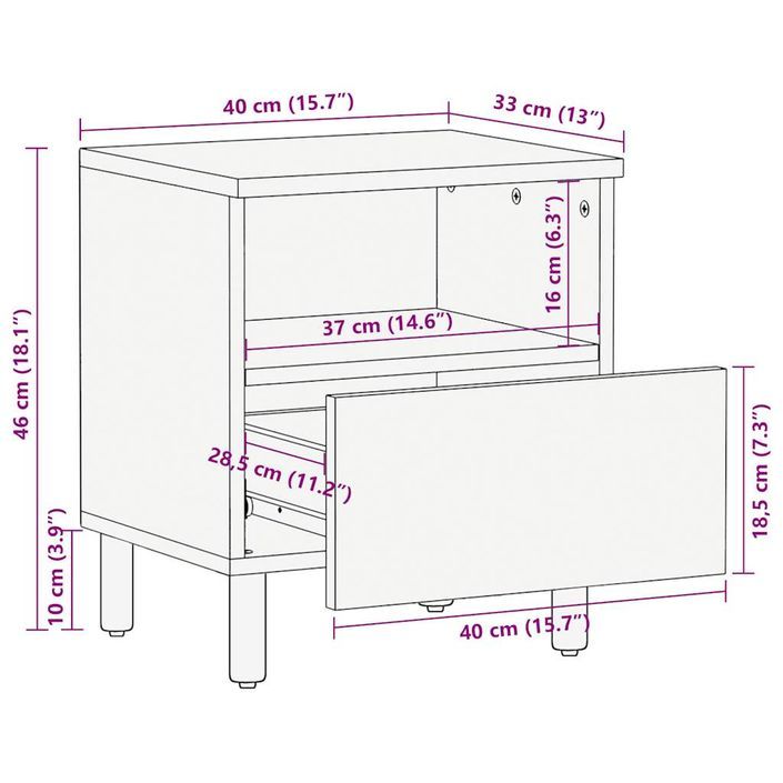 Tables de chevet 2pcs noir 40x33x46cm bois manguier massif brut - Photo n°12