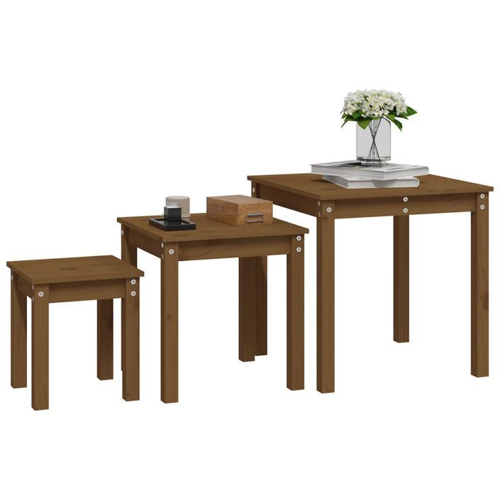 Tables gigognes 3 pcs Marron miel Bois de pin massif - Photo n°4