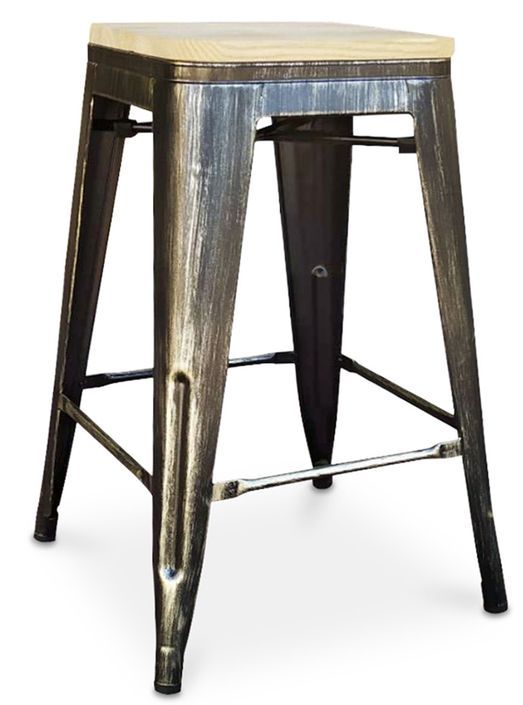 Tabouret acier vintage et assise en bois massif naturel Reko 60 cm - Photo n°1