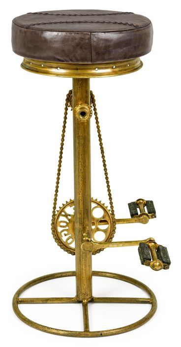 Tabouret de bar industriel bicyclette acier doré et cuir marron Alane - Photo n°2