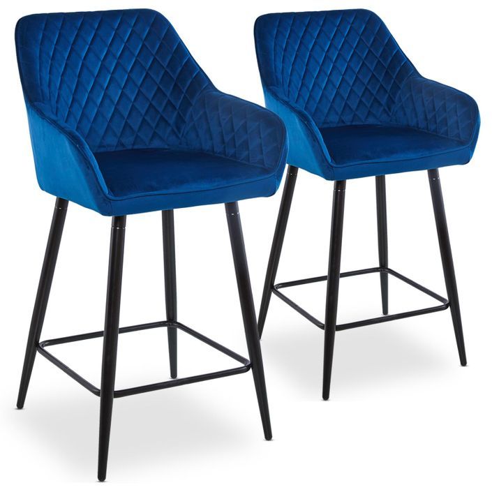 Tabouret de bar velours bleu et pieds métal noir Oni - Lot de 2 - Photo n°1