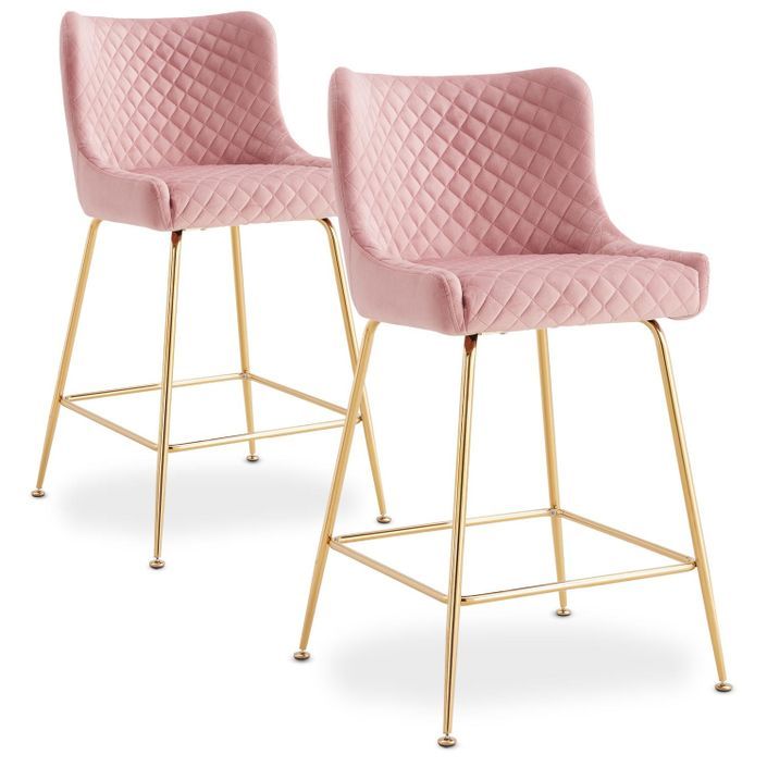 Tabouret de bar velours rose et pieds métal doré Ella - Lot de 2 - Photo n°1