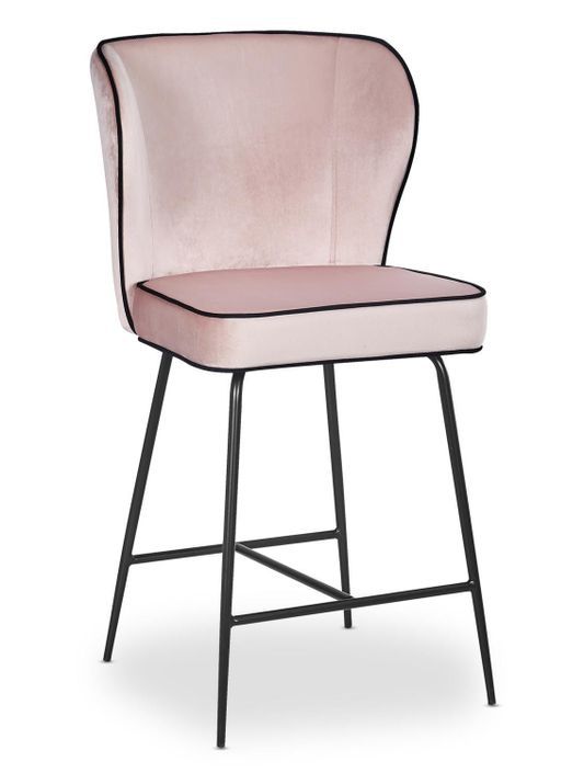 Tabouret de bar velours rose et pieds métal noir Indal assise H 65 cm - Photo n°1