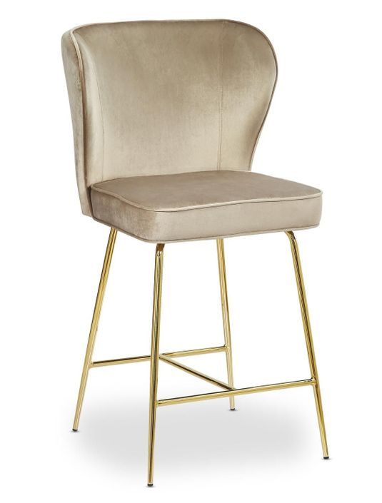 Tabouret de bar velours taupe et pieds métal doré Indal assise H 65 cm - Photo n°1