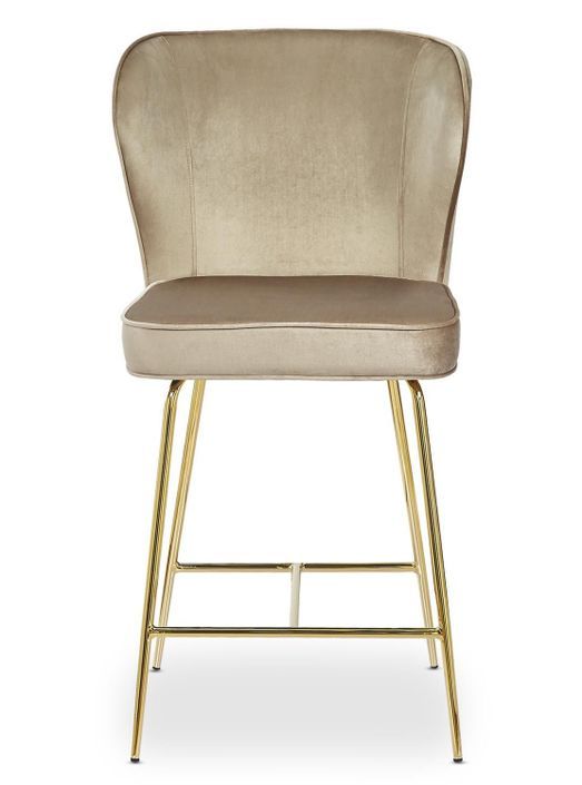 Tabouret de bar velours taupe et pieds métal doré Indal assise H 65 cm - Photo n°2