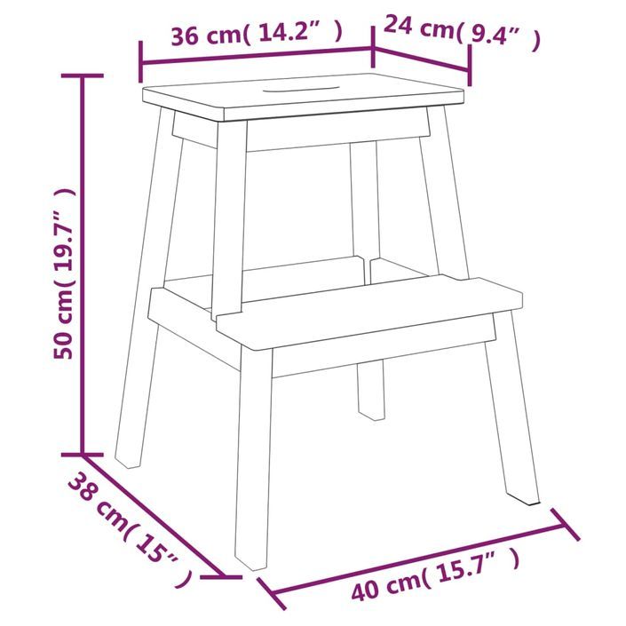 Tabouret-escabeau 2 marches 40x38x50 cm Bois d'acacia solide - Photo n°8