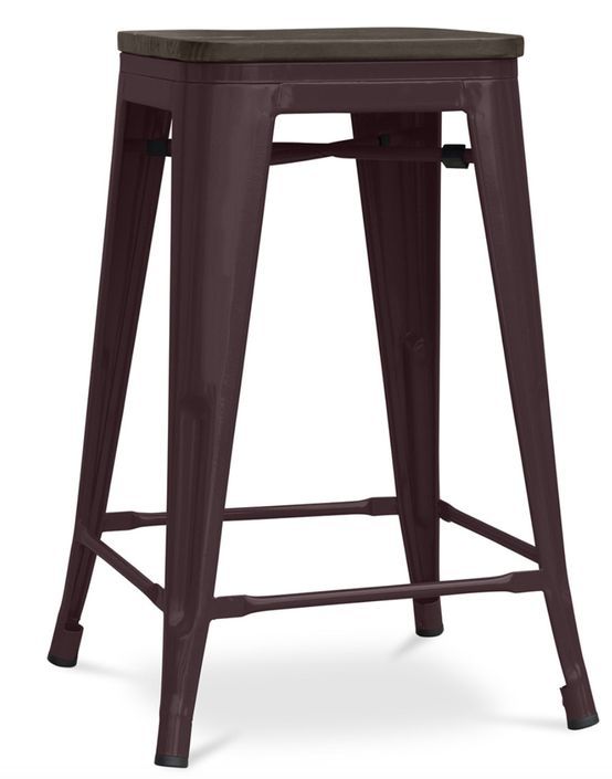 Tabouret industriel acier brillant et assise en bois massif marron Reko 60 cm - Photo n°1