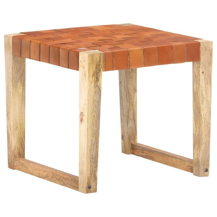 Tabouret Marron clair Cuir véritable et bois de manguier massif - Photo n°1