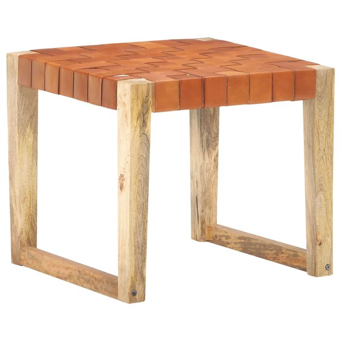 Tabouret Marron clair Cuir véritable et bois de manguier massif - Photo n°9