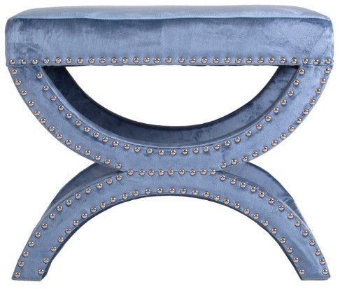 Tabouret pin massif et revêtement tissu bleu Davina - Photo n°1