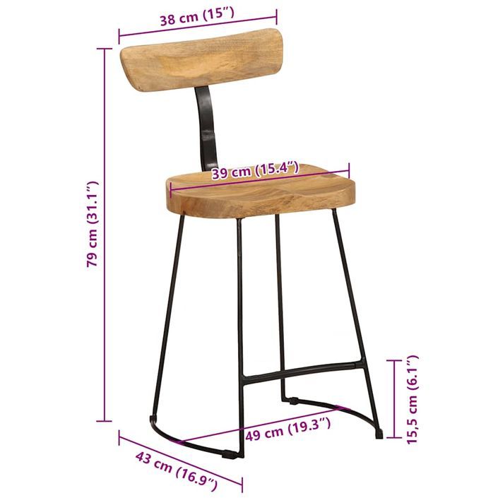 Tabourets de bar lot de 2 49x43x79 cm bois de manguier massif - Photo n°9