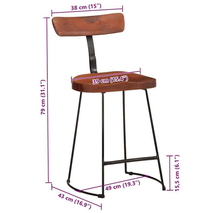 Tabourets de bar lot de 2 49x43x79 cm bois de manguier massif - Photo n°9