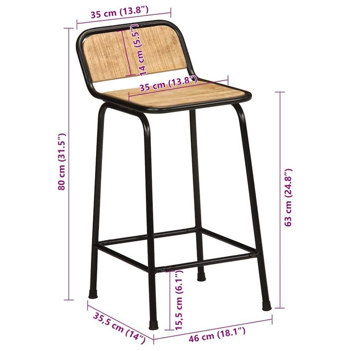 Tabourets de bar lot de 2 bois massif manguier brut - Photo n°9