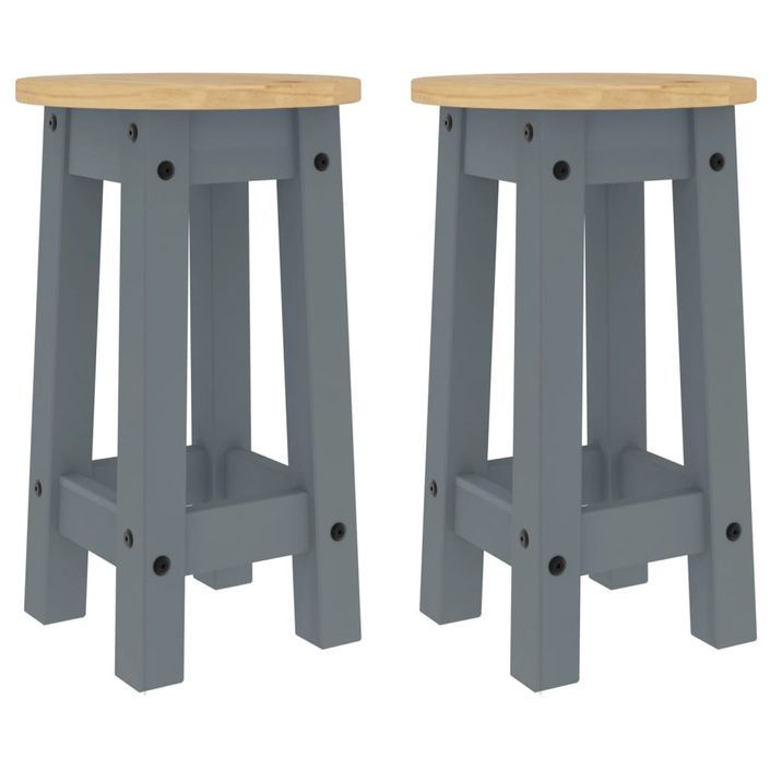 Tabourets de bar lot de 2 gris bois massif de pin - Photo n°1