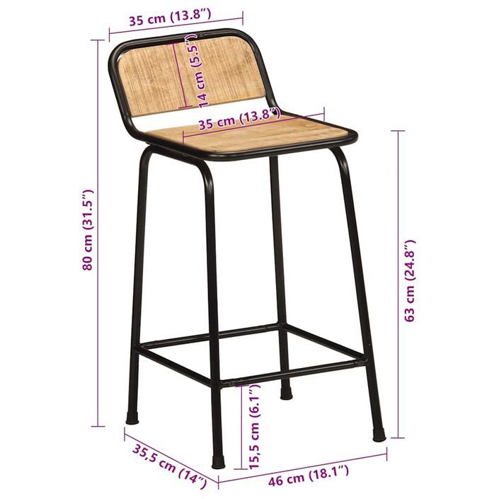 Tabourets de bar lot de 4 bois massif manguier brut - Photo n°9