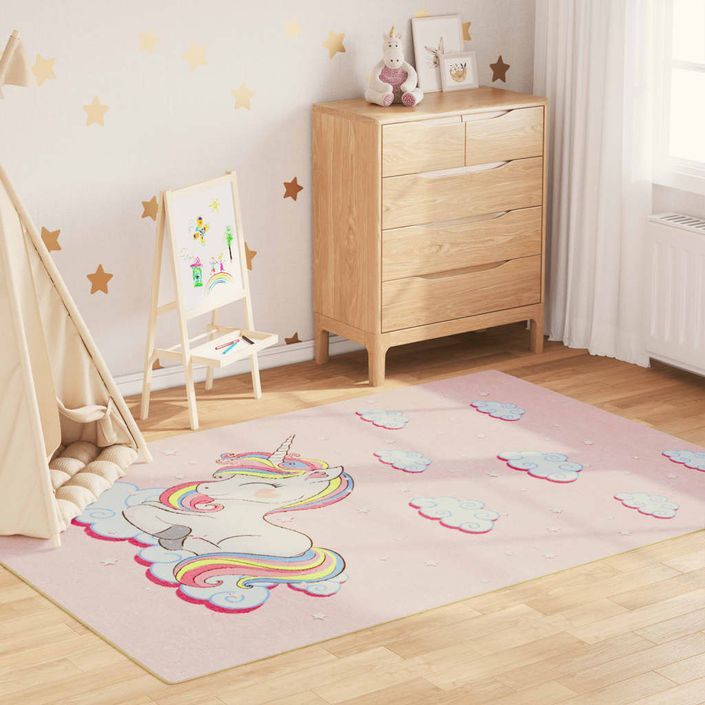 Tapis enfants rose 160x230 cm licorne antidérapant lavable - Photo n°1