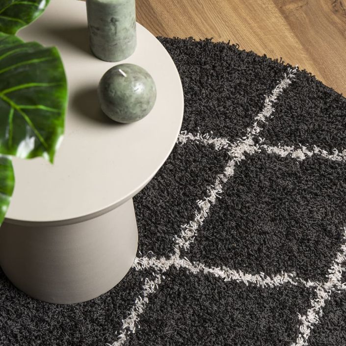 Tapis shaggy à poils longs moderne noir et crème Ø 100 cm - Photo n°7