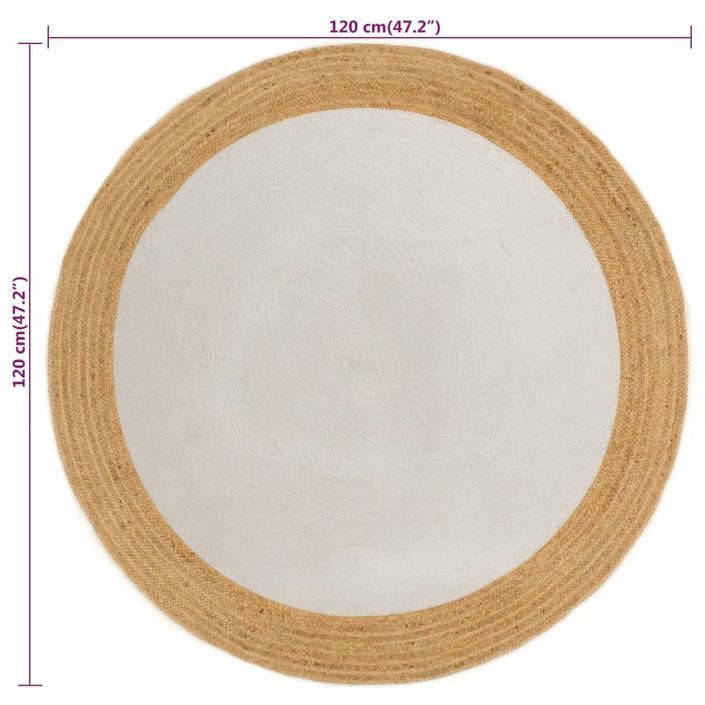 Tapis tressé Blanc et naturel 120 cm Jute et coton Rond - Photo n°6