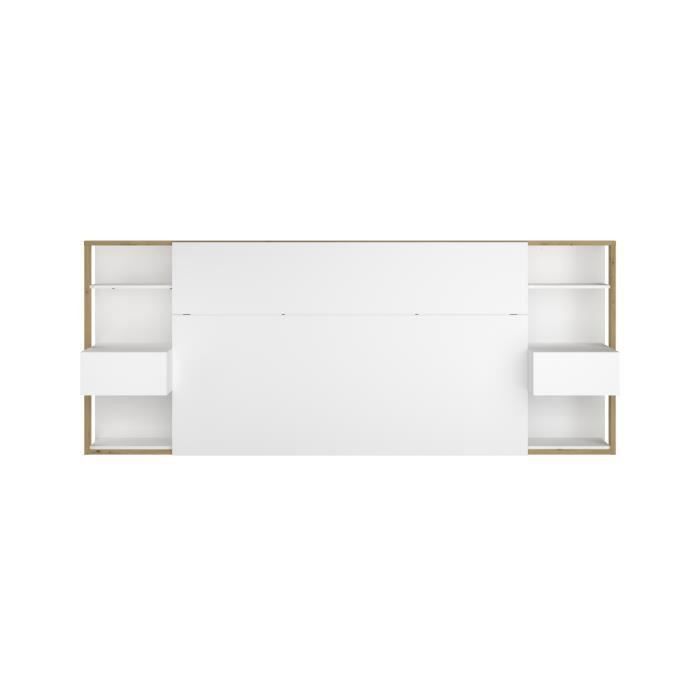 Tete de Lit avec étageres + chevets - Décor chene artisan et blanc - L 255 x P 36 x H 103 cm - WHITE - Photo n°2