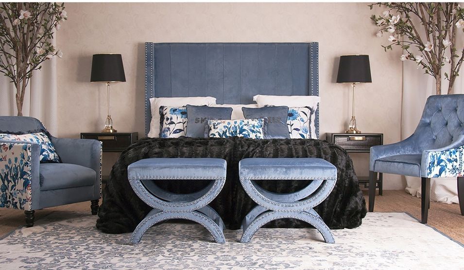 Tête de lit pin massif et velours bleu Davina 160 cm - Photo n°3