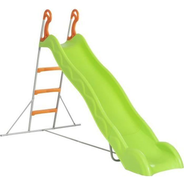 Toboggan LINOU de 2,63m de glisse , coloris vert avec 3 echelons anti-dérapants coloris orange, structure métal coloris gris. - Photo n°1