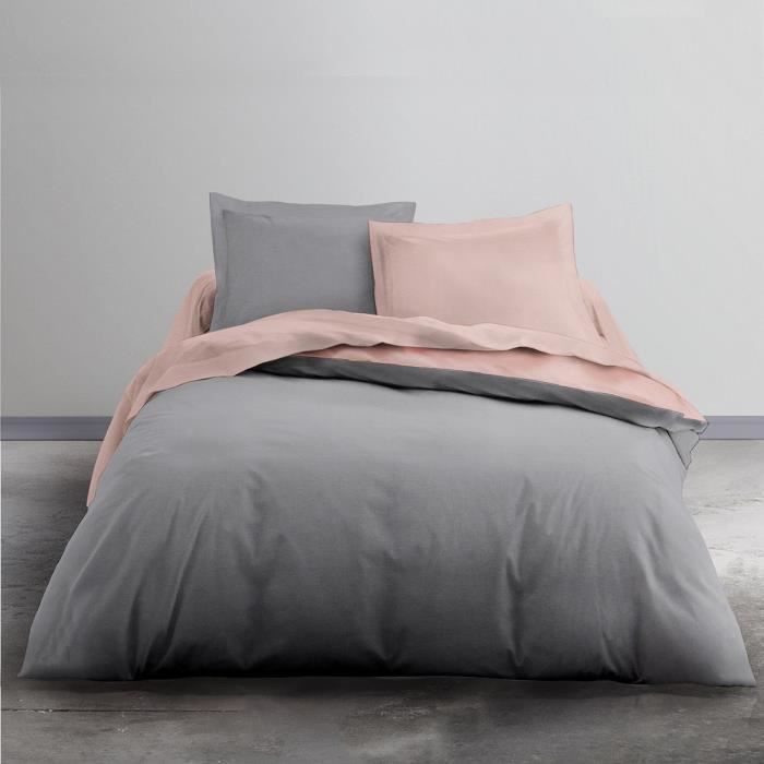 TODAY Parure de lit Coton 2 personnes - 220x240 cm - Bicolore Gris et Rose Louise - Photo n°1