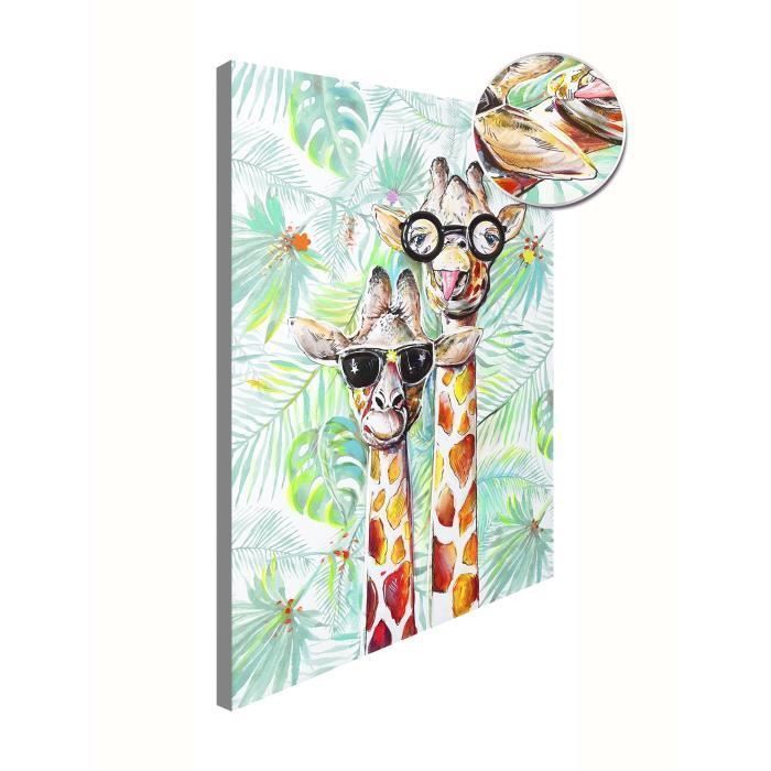 Toile peinte pré-imprimée Crazy Girafes - 65x95 cm - Retouché a la main Girafe sur chassis Mdf - Photo n°3