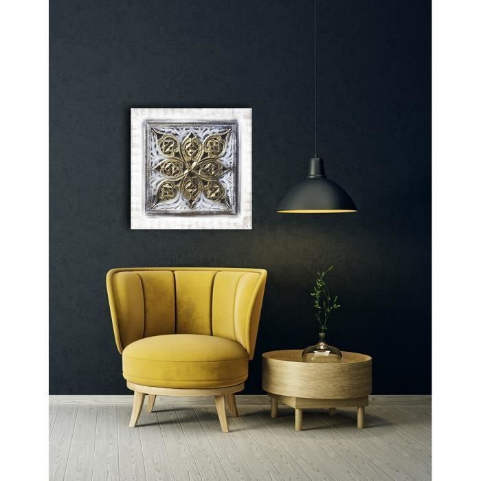 Toile peinte relief carreaux de ciment - Fleur cadre doré - Coton - 80x80 cm - Bleu et doré - Photo n°2