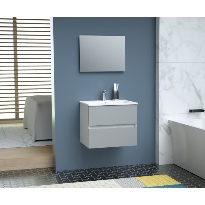 TOTEM Salle de bain 60cm - Gris - 2 tiroirs fermetures ralenties - simple vasque en céramique + miroir - Photo n°1