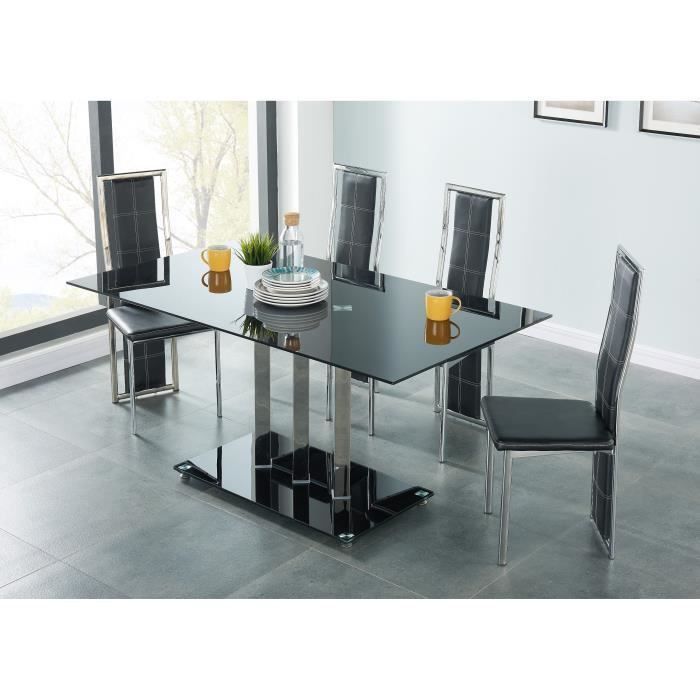 Table a manger de 6 a 8 personnes style contemporain en métal effet chromé et en verre trempé noir - L 160 x l 90 cm - Photo n°2