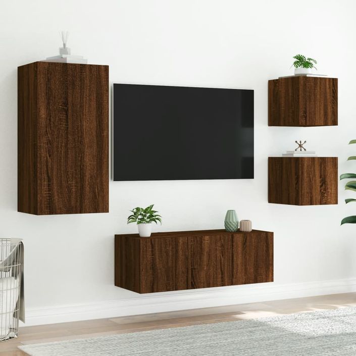 Unités murales TV avec LED 5 pcs chêne marron bois d'ingénierie - Photo n°5