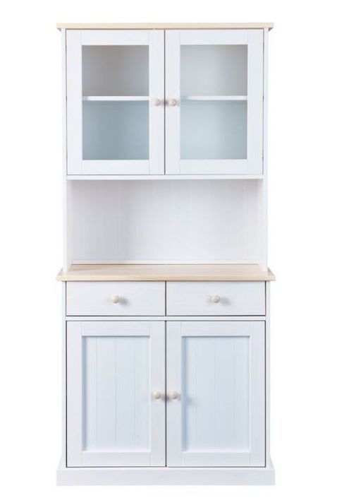 Vaisselier 4 portes 2 tiroirs pin massif clair et blanc Caly - Photo n°2